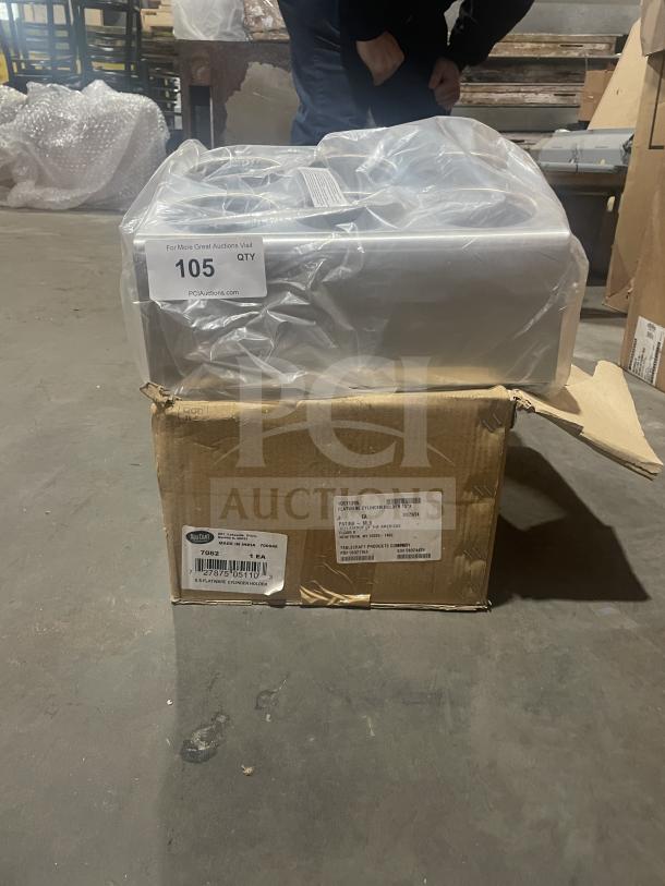 Brand new TableCraft 70621 stainless steel 6-hole flatware cylinder holder, in original box with product labels displayed.