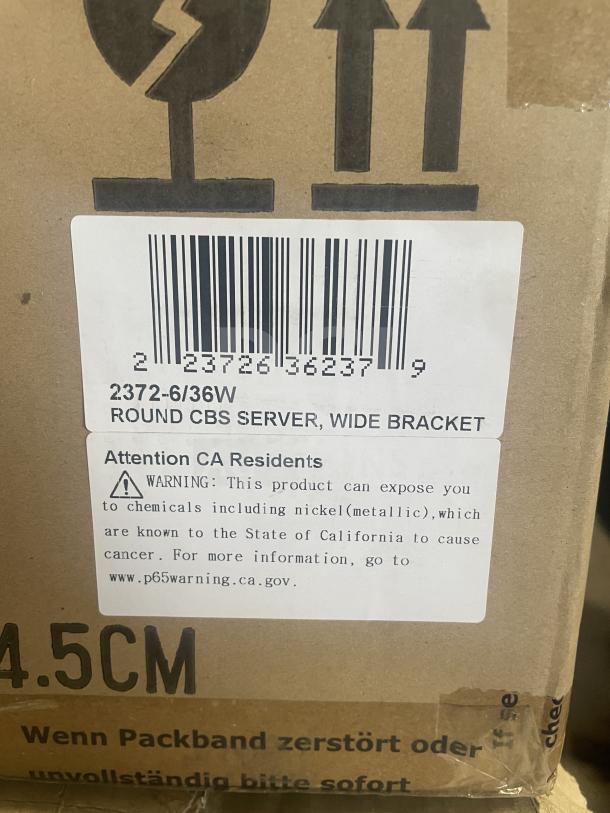 Box label for Spring USA Commercial Stainless Steel Round 4 Qt Induction Chafer. Includes California warning for nickel.