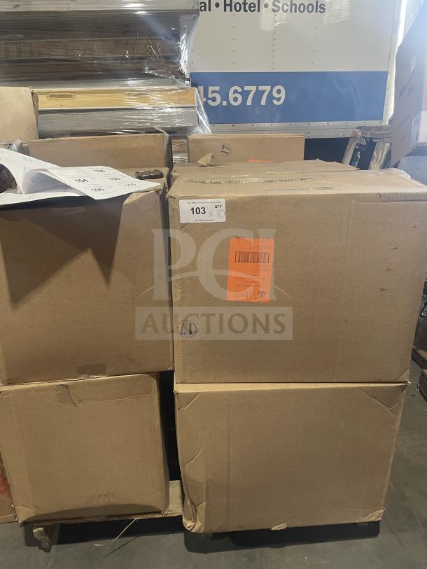 A full pallet of 12 boxes of commercial cardboard take-out boxes, new condition, with auction tags and labels visible.
