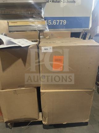 A full pallet of 12 boxes of commercial cardboard take-out boxes, new condition, with auction tags and labels visible.