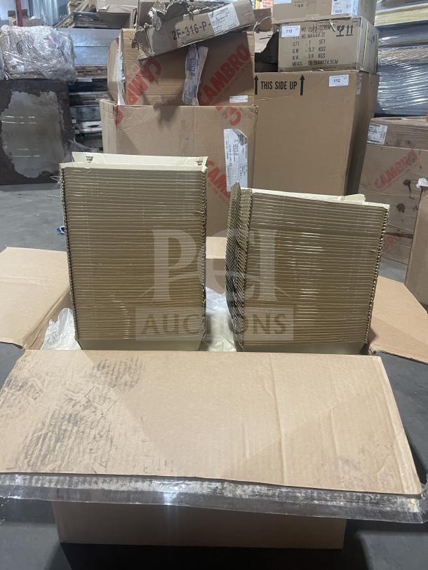 Full pallet of brand new commercial cardboard take-out boxes, 12 boxes total, shown with packaging and labels in warehouse setting.