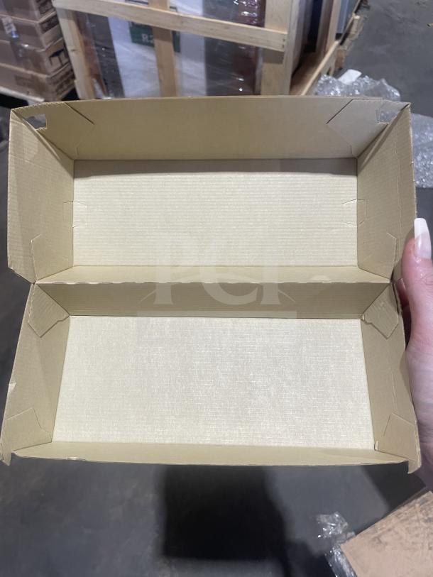 Brand new cardboard take-out box, commercial-grade, shown open. Full pallet includes 12 boxes. Durable construction.