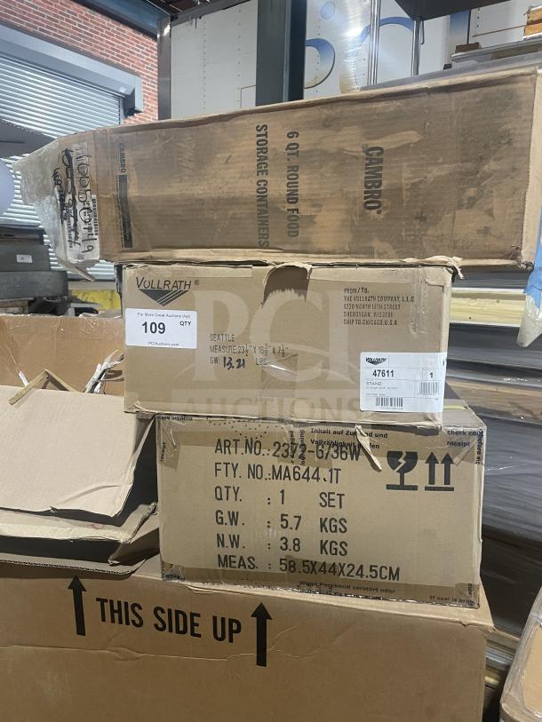 Brand new Vollrath stainless steel single bottle wine bucket stand, Model 47611, in original packaging.