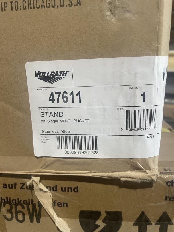 Brand new Vollrath 47611 commercial stainless steel single bottle wine bucket stand, boxed with labels SN: 00029419361328.