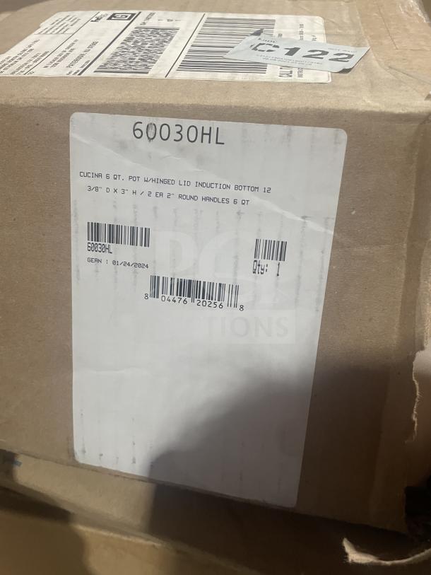 Brand new Bon Chef 6 Qt pot, Model 60030HL, in box. Features induction bottom, round handles, hinged lid.