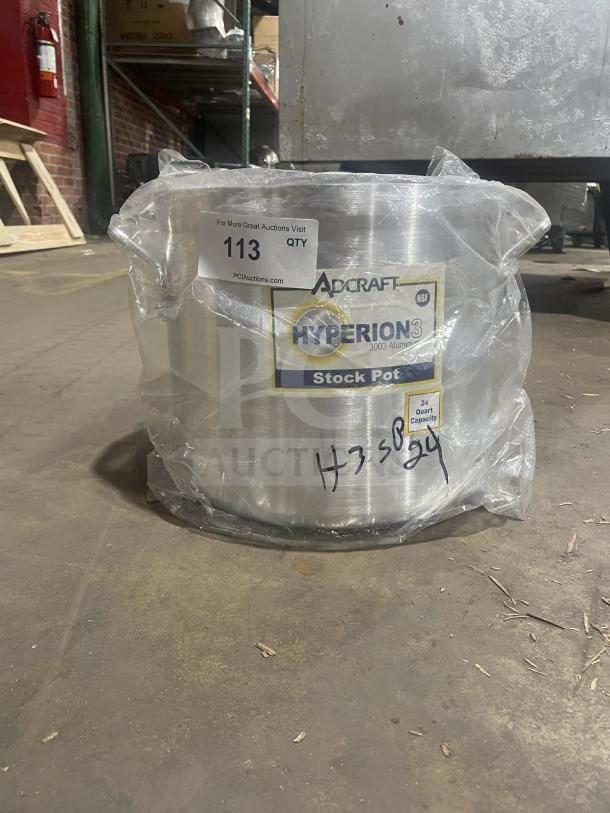 Brand new Adcraft Hyperion Series 24 Qt stainless steel stock pot, wrapped in plastic, labeled "113 QTY" and "3003 Aluminum."