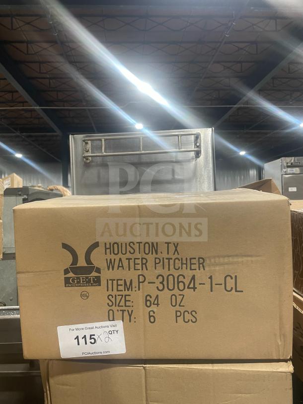 Brand new GET Commercial Clear 64 Oz Pitcher, model P-3064-1-CL, 6 pieces per box, includes lids.