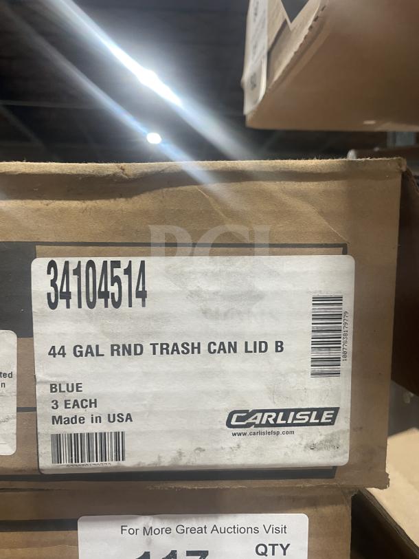 Carlisle 44 Gal Trash Can Lid, Model 34104514, blue, new in box, 3 lids per box, Made in USA.