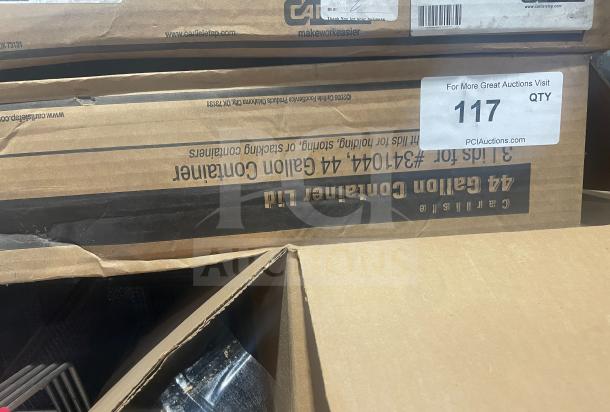 Carlisle Commercial Blue 44 Gal Trash Can Lid, model 34104504, new in box. Three lids included. Box labeled for auction.