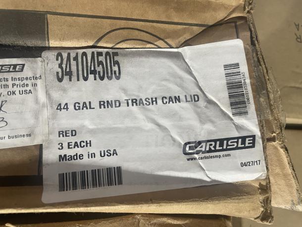 Carlisle 44 Gal Trash Can Lid, Red, Model 34104514. New in box, 3 lids per box. Made in USA.
