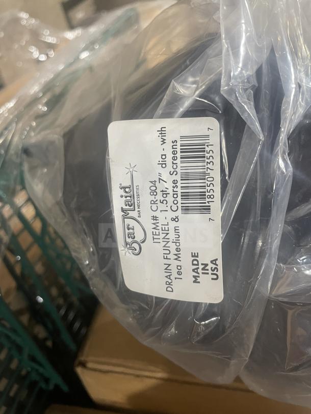 Brand new Barmaid CR804 commercial black funnel in packaging. Label shows item number, 7" diameter, includes screens. Made in USA.