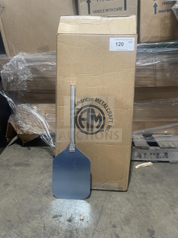 Brand new American Metalcraft aluminum pizza peel, shown in original box. Commercial-grade, with packaging intact.