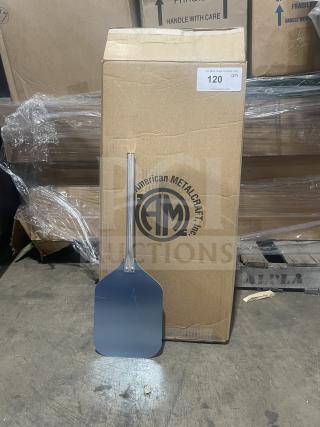 Brand new American Metalcraft aluminum pizza peel, shown in original box. Commercial-grade, with packaging intact.