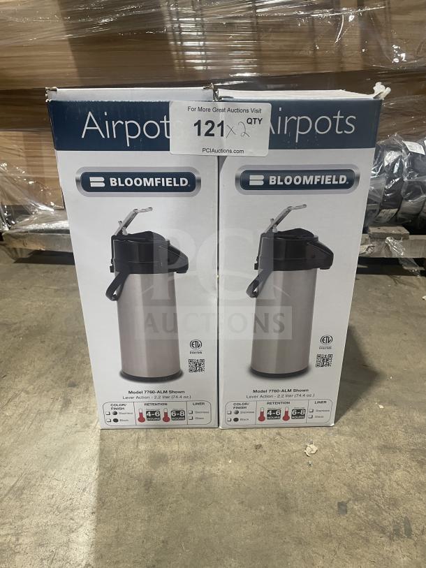 Bloomfield Model 7760-ALM stainless steel airpot in original box. Lever action, 2.2L capacity, brand new condition.