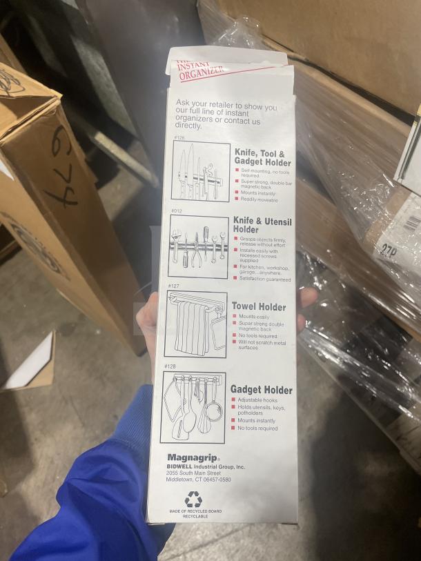Brand new Magnagrip 12" Magnetic Knife & Utensil Holder in box, showcasing installation options.