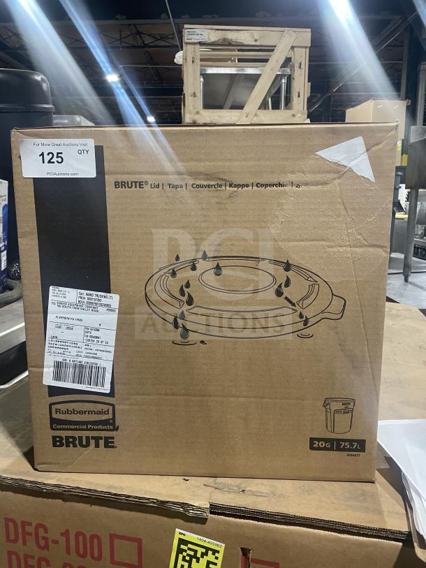 Brand new Rubbermaid Brute Series gray trash container lid, 19-7/8 inches, in original box with product labels.