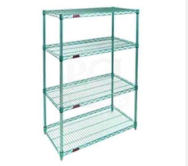 Brand new Eagle Group green 21"x36" 4-tier epoxy-coated wire shelf with stationary post, model 2136E.