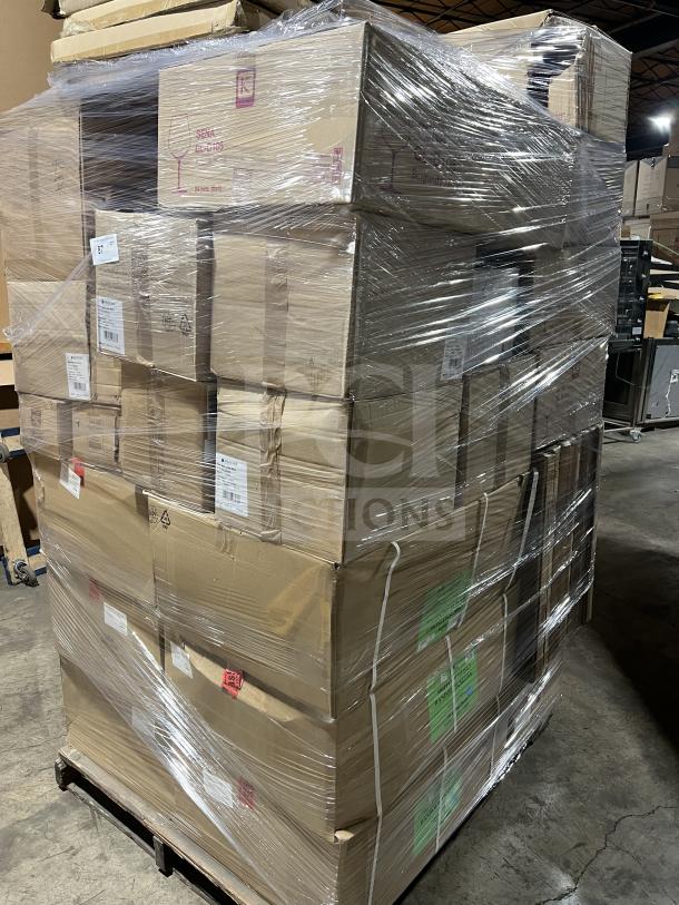 Mixed pallet of commercial dinnerware boxed, including dinner plates, ramekins, side dishes, display plates, and wine glasses. Brand new, wrapped in plastic, marked with models like 8431 and ML-244-BK.