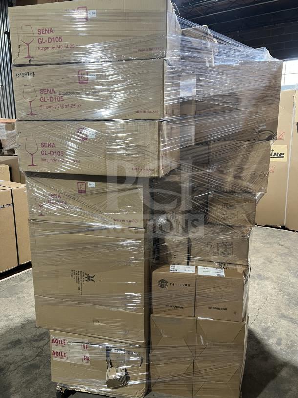 Mixed pallet with brand new commercial dinnerware. Includes 91 boxes of plates, ramekins, side dishes, display plates, and wine glasses.