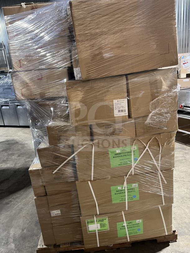 Pallet of brand new commercial dinnerware, including dinner plates, ramekins, side dishes, and wine glasses, all boxed.