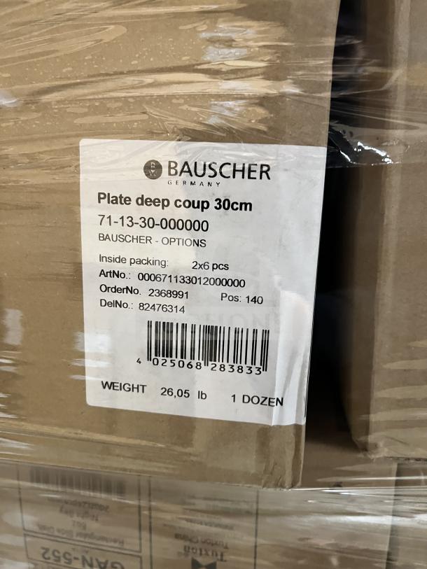 Auction lot with multiple boxes including Bauscher 30cm deep coup plates, Korin Sena wine glasses, and melamine display plates.