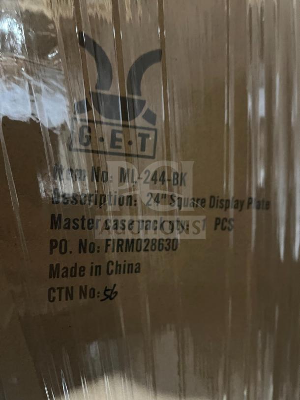 Cardboard box labeled "G.E.T. 24" Square Display Plate," model ML-244-BK, made in China.