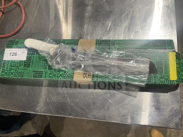 Brand new Dexter Russell Sani-Safe 16" pizza knife S16016, stainless steel blade, white grip handle, in original box.