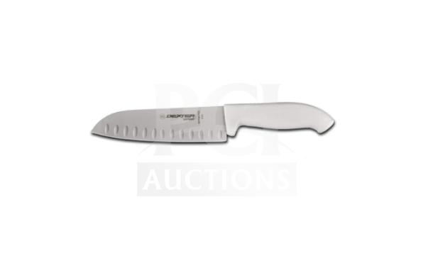Dexter Russell SofGrip 7" Santoku Knife, model SG144-7GE-PCP, new condition, stainless steel blade, white grip handle.