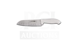 Dexter Russell SofGrip 7" Santoku Knife, model SG144-7GE-PCP, new condition, stainless steel blade, white grip handle.