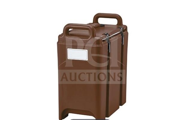 Brand new Cambro 350LCD131 dark brown plastic 3-3/8 gallon insulated soup carrier in box, excellent condition.