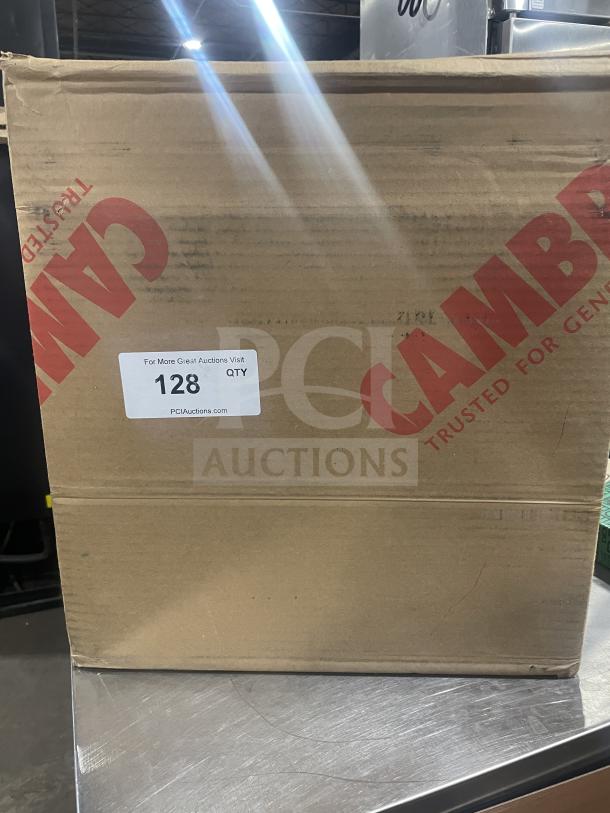 Brand new Cambro 350LCD131 insulated soup carrier in the box. Dark brown plastic, 3-3/8 gallon capacity. Serial number A165714001001.