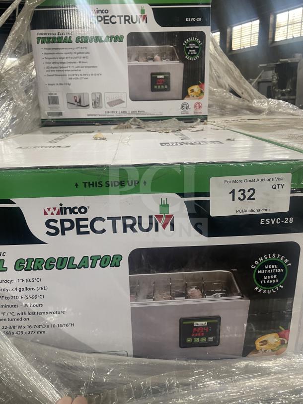 Brand new Winco ESVC28 sous vide cooker in box; 7.4 gal capacity, stainless steel, digital control panel, Model ESVC-28.