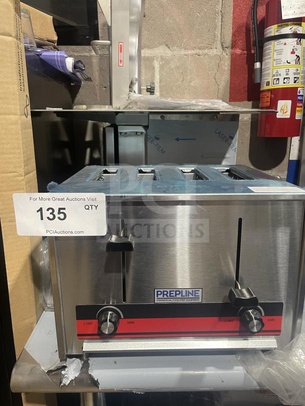 Brand new Prepline CT120 commercial 4-slice toaster, stainless steel, adjustable browning controls, model label visible.