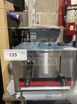 Brand new Prepline CT120 commercial 4-slice toaster, stainless steel, adjustable browning controls, model label visible.
