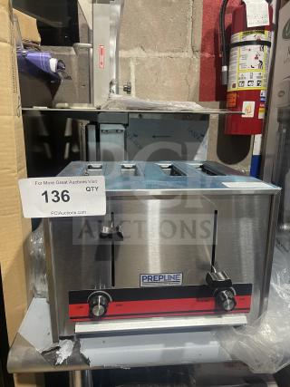 Prepline CT120 stainless steel 4-slice toaster, brand new. Commercial model with dual controls and sleek design.
