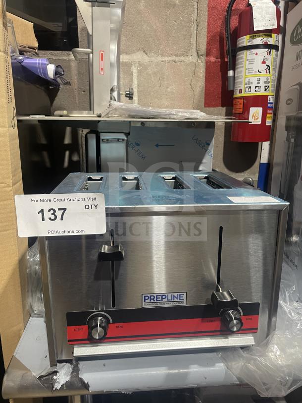 Brand new Prepline CT120 commercial stainless steel 4-slice toaster. Features adjustable browning controls. Model tag visible.