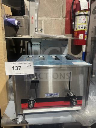 Brand new Prepline CT120 commercial stainless steel 4-slice toaster. Features adjustable browning controls. Model tag visible.
