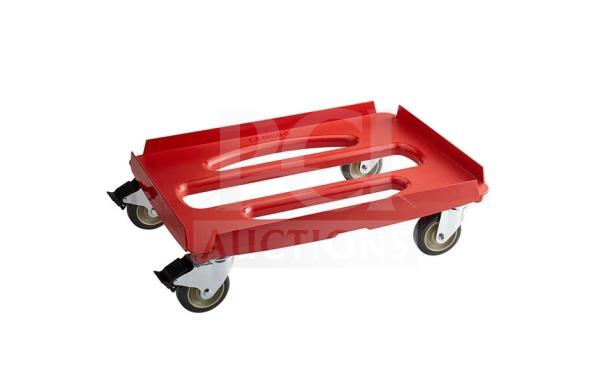 Brand new Cambro hot red compact dolly, model CDC300358, in pristine condition, with swivel casters and carrying handle.