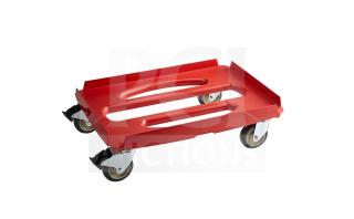 Brand new Cambro hot red compact dolly, model CDC300358, in pristine condition, with swivel casters and carrying handle.