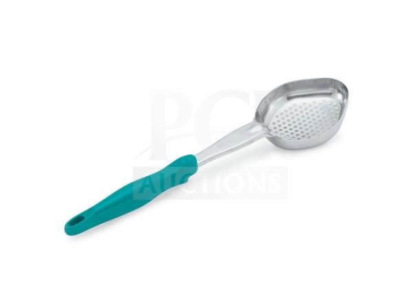 Brand new Vollrath 64226 6 oz oval perforated spoodle, stainless steel, teal nylon handle, in box, heavy-duty design.