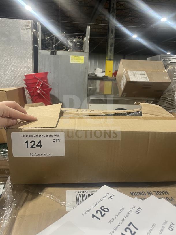 Box with Vollrath Model 64226 commercial stainless steel 6 oz spoodles, new with teal nylon handle, labels show 124 qty.