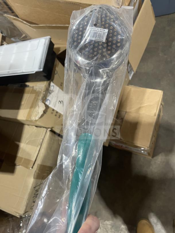 Brand new Vollrath 64226 stainless steel perforated spoodle, 6 oz, with teal nylon handle, in original packaging.