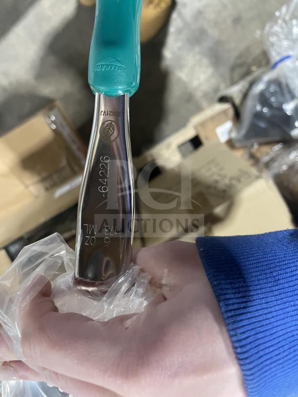 Vollrath 64226 stainless steel spoodle, 6 oz, teal nylon handle, new in box, with model number and branding visible.