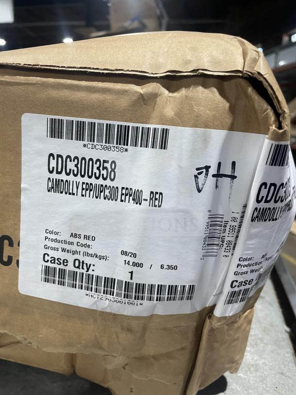 Brand new Cambro Commercial Hot Red Compact Dolly, Model CDC300358, in original box. Label shows SN: NCT2903001001.