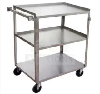 Brand new Vollrath 3-tier stainless steel kitchen utility cart, includes handles and casters for easy mobility.