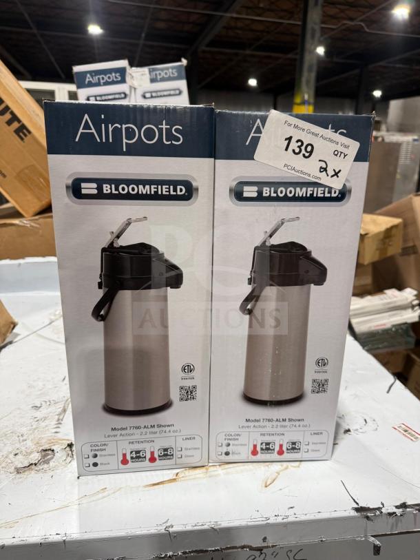 Brand new Bloomfield Model 7760 hot beverage airpots, 2.2L, stainless finish, lever action. Two units per bid. Boxed and sealed.
