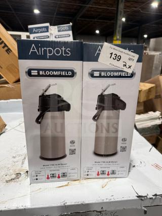 Brand new Bloomfield Model 7760 hot beverage airpots, 2.2L, stainless finish, lever action. Two units per bid. Boxed and sealed.