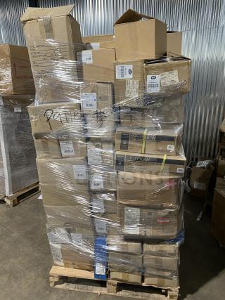 Mixed pallet of new commercial kitchenware: Cal-Mil displays, Bauscher platters, Osslo melamine platters, Quadgrip frames. Sealed boxes visible.