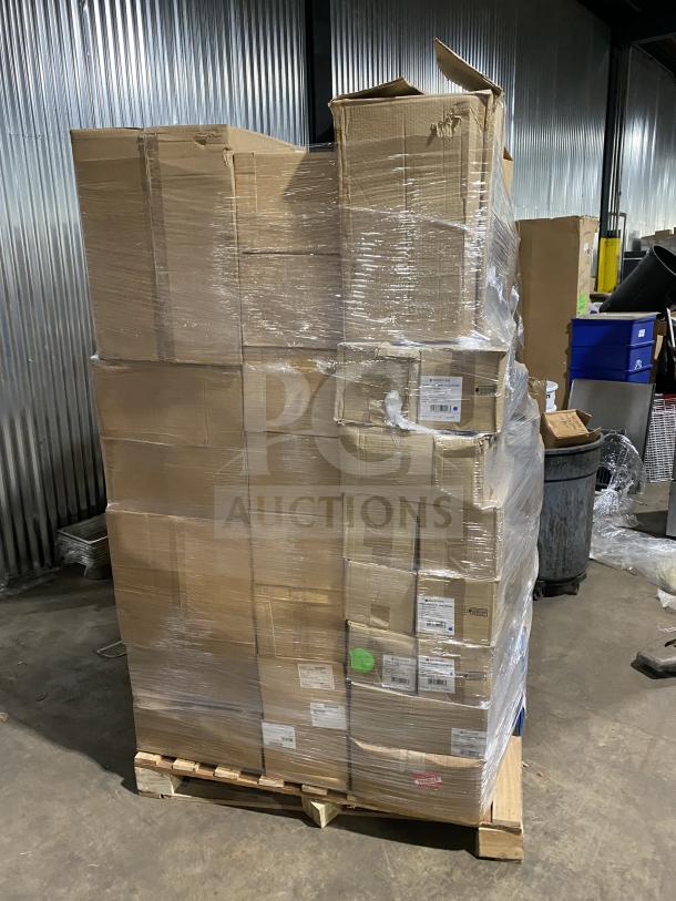 Pallet of sealed boxes containing Cal-Mil displays, Bauscher plates, Osslo platters, and Quadgrip frames, brand new condition.
