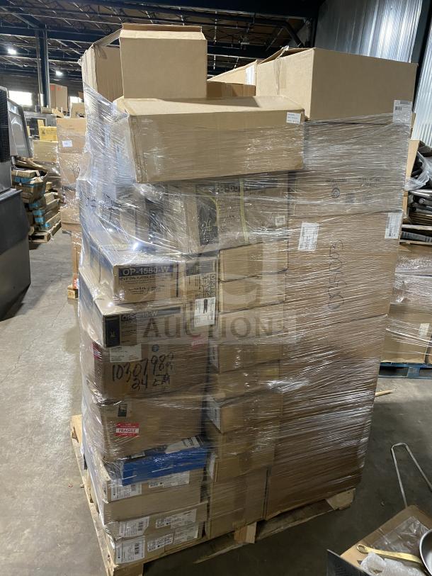 Pallet of new commercial kitchenware, including Cal-Mil displays, Bauscher plates, and Osslo platters. Models visible: OP-1580-W.